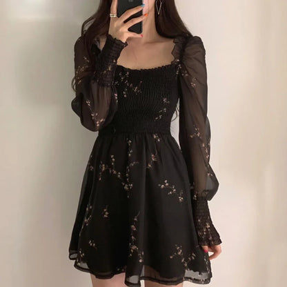 Spring Womens Sexy Black Dress Vintage Flower Long Puff Sleeve Chiffon Dresses Korean Casual Mini Vestidos Mujer Clothes 13676