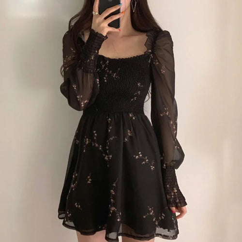 Spring Womens Sexy Black Dress Vintage Flower Long Puff Sleeve Chiffon Dresses Korean Casual Mini Vestidos Mujer Clothes 13676