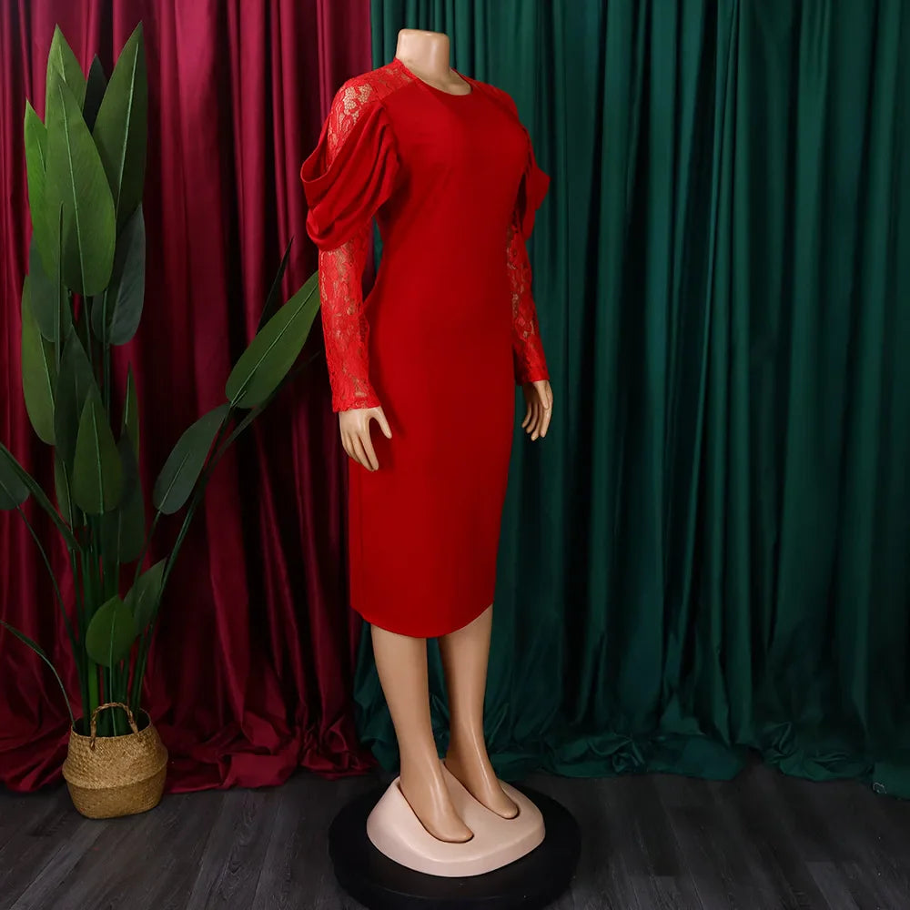 Sexy Bodycon Dresses for Women O Neck Lace Sleeve Sheath Package Hips Mid Calf Female Luxury Birthday Party Dinner Vestidos