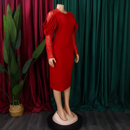 Sexy Bodycon Dresses for Women O Neck Lace Sleeve Sheath Package Hips Mid Calf Female Luxury Birthday Party Dinner Vestidos