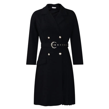 Elegant Dresses for Woman 2024 Autumn Winter New Trends Notched Collar Full Sleeve Sashes Pleated Mid Calf Solid Fashion Dress