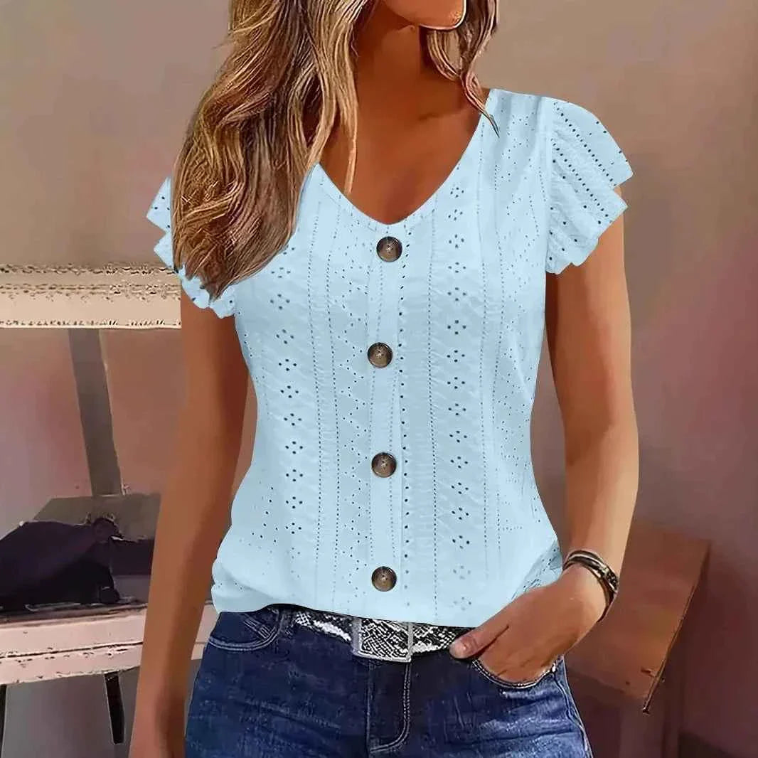 Women's Ruffle Sleeve V-Neck T-Shirt – Casual Commute Blouse
