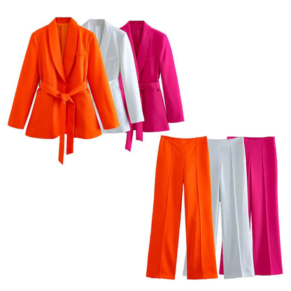 Spring and Autumn Women's Casual Blazer Chic Outerwear Slim Straight Pants Long Sleeve V-Neck Belted Office Commuter Suit Set
