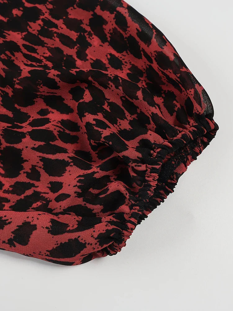 Plus Size 2025 Spring Summer New Women's Sheer Jaguar Printed Double Layers Long Sleeve Dress Polyester Material