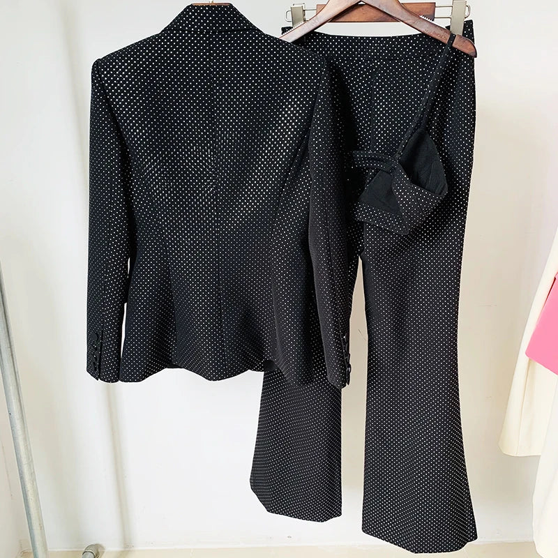 HIGH QUALITY New Fashion 2026 Designer Blazer Suit Set Women's Single Button Diamonds Beaded Camis Blazer Pants Suit 3pcs Set