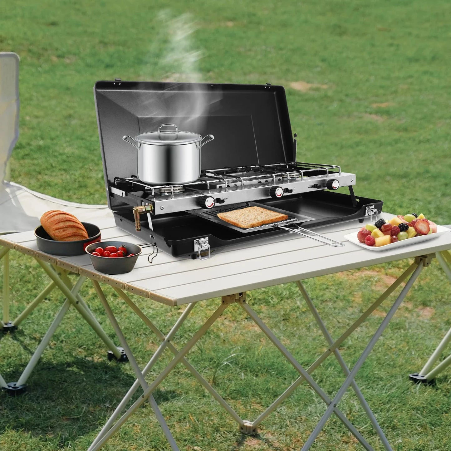3-Burner Portable Camping Stove – 4.5kW, Piezo Ignition, Propane/Butane, No Assembly