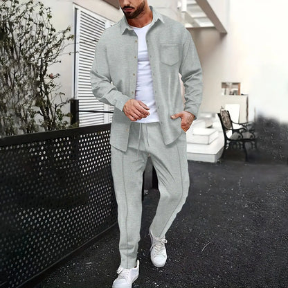 Spring and Autumn men waffle solid color two-piece new trend lapel long-sleeved shirt and trousers casual outdoor sports suit