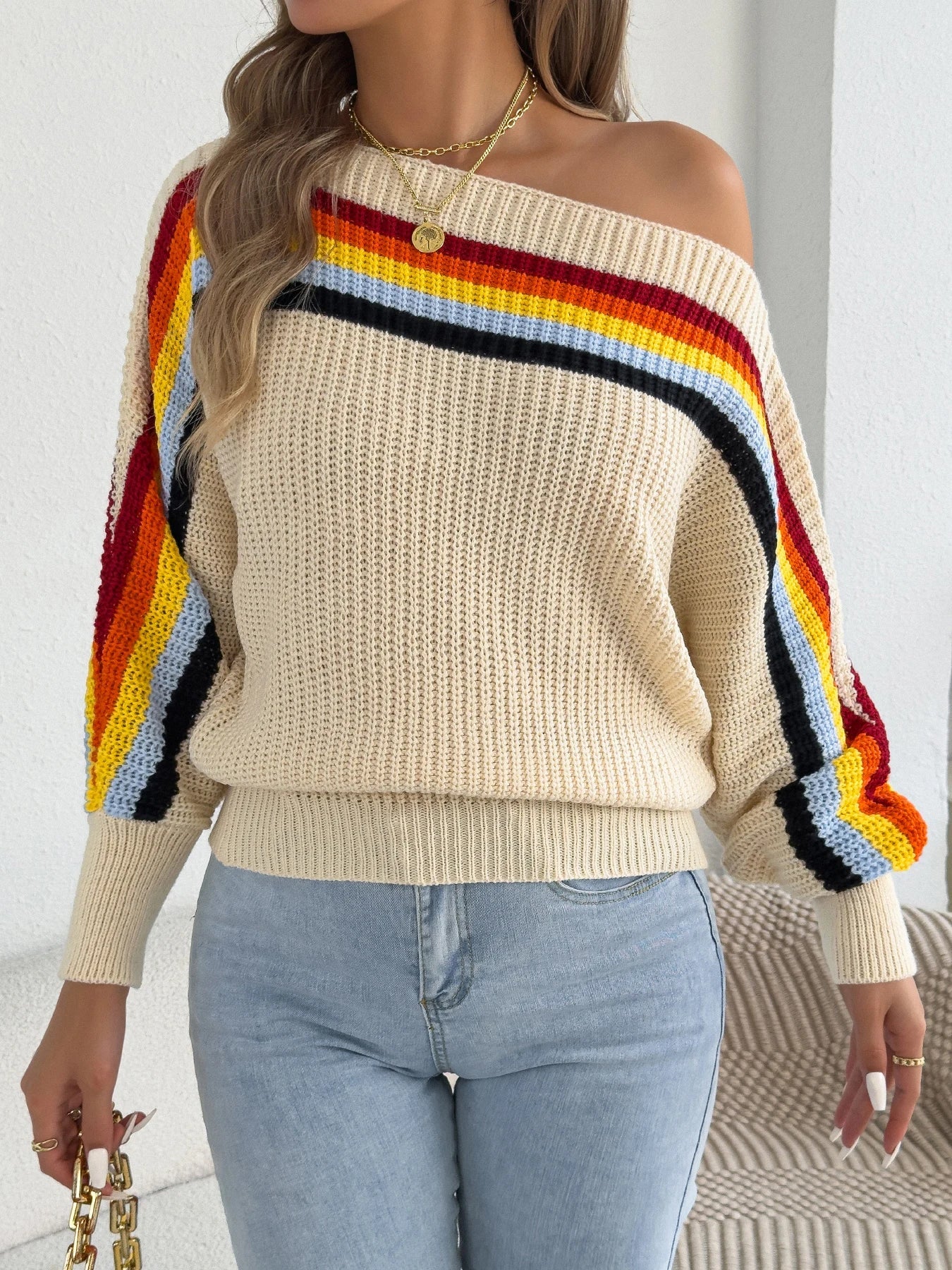2025 Fashion Contrast Color Striped Sweaters Women Autumn Winter Casual Round Neck Lantern Long Sleeve Knitted Pullover