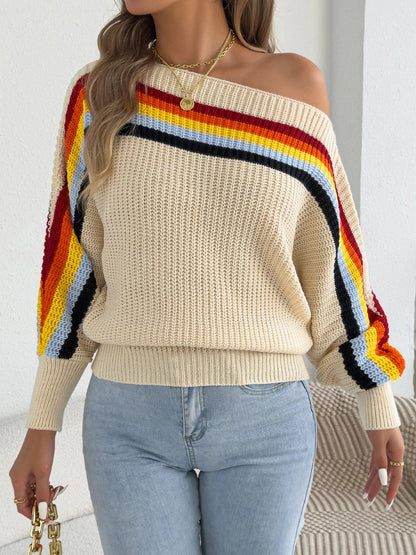 2025 Fashion Contrast Color Striped Sweaters Women Autumn Winter Casual Round Neck Lantern Long Sleeve Knitted Pullover