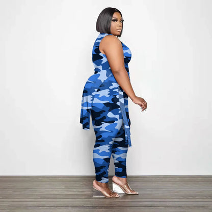 Camouflage Plus Size Women Clothing Two Piece Outfits Sleeveless Round Neck Bandage Crop Tops Pants Sets Wholesale Drop Shipping