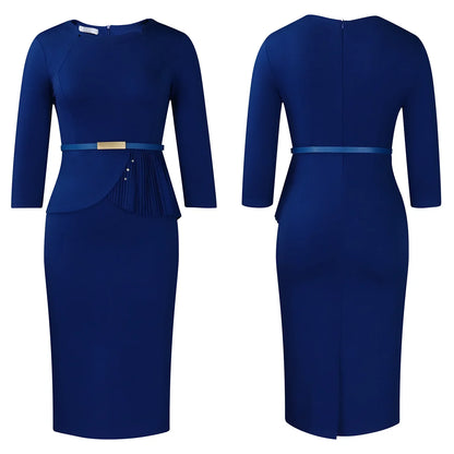 L-3XL Plus Size Elegant Midi Dress 2025 Spring Summer Women Office Lady Dress Casual 3/4 Sleeve Bandage Robe Oversize Dress
