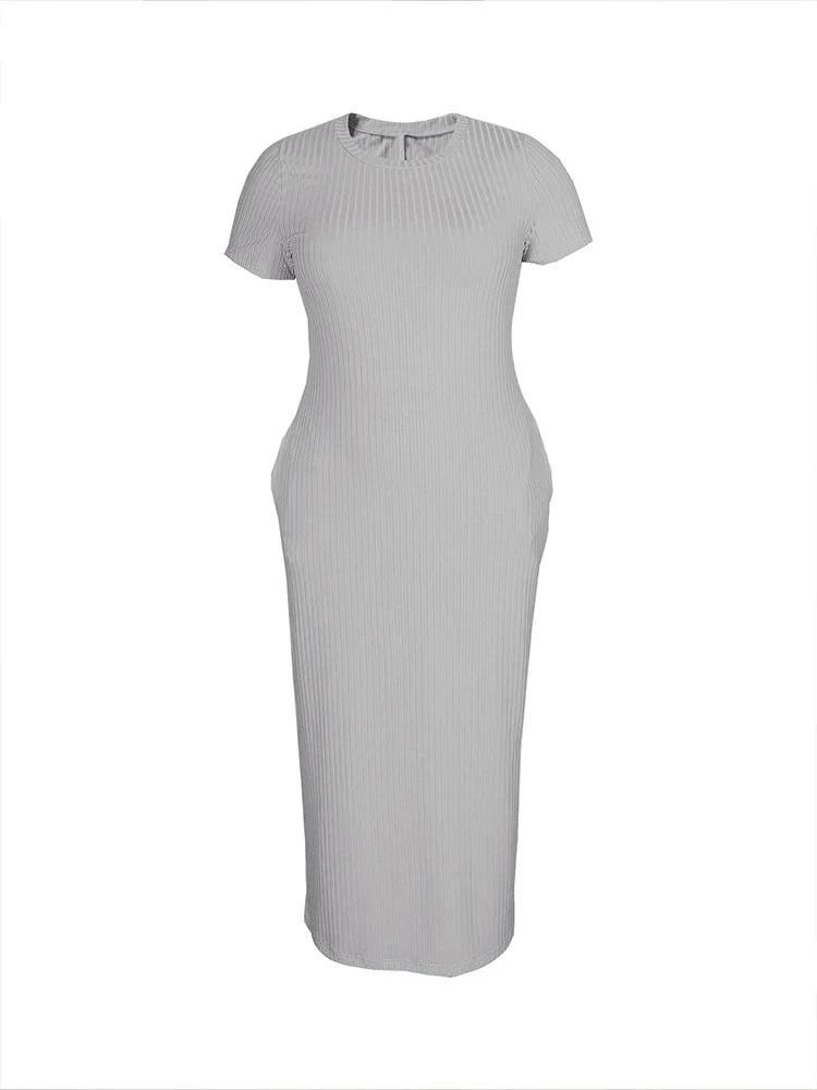 Plus Size 2024 Summer New Round Neck Short Sleeve Slim Hottie  Ladies' Stylish Summer Solid Versatile Bodycon Dress