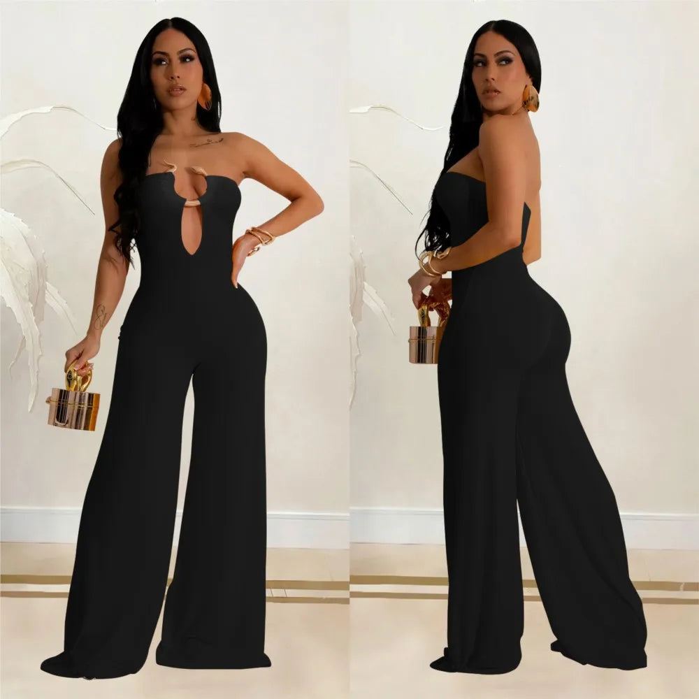 Summer Sexy Backless Women's Jumpsuit Fashionable Slim Fit Elegant Package hip Wide Leg Long Pants Female Party Jumpsuit 2025