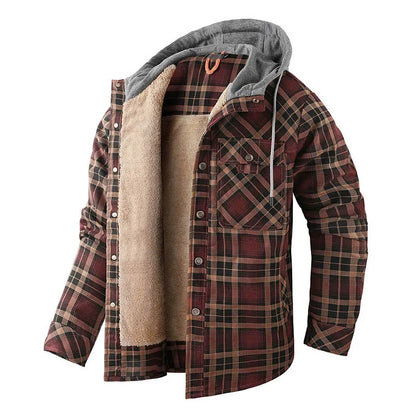 Winter Men Plaid Fleece Shirts Coats Mens Hooded Casual Shirts Man Sport Outdoor Loose Shirt Jacket Men Button Down Hoodie Shirt