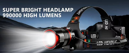 Rechargeable Headlamp 990000 Lumens Motion Sensor Zoomable Headlamp 12 Modes IPX7 Waterproof for Camping Running Emergency