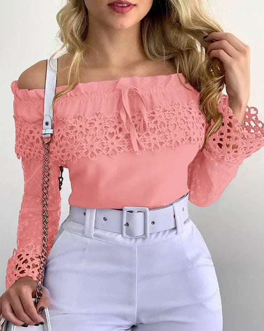 Elegant Women's blouses Fashion 2024 Lace Spliced Off Shoulder Guipure Lace Long Sleeve Tassel Drawstring Top