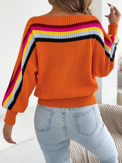 2025 Fashion Contrast Color Striped Sweaters Women Autumn Winter Casual Round Neck Lantern Long Sleeve Knitted Pullover