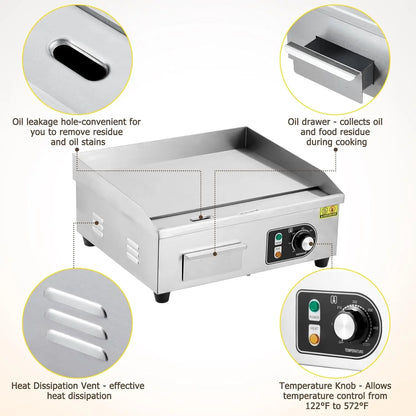 Electric Griddle – Non-Stick Grill Plate, 122–572°F, 3 Sizes (14.1", 17.8", 21.2")