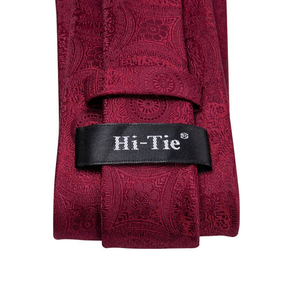 Hi-Tie Mens Gift Tie Set Red Wine Burgundy Paisley Silk Wedding Tie For Men Fashion Design Quality Hanky Cufflink Dropshipping