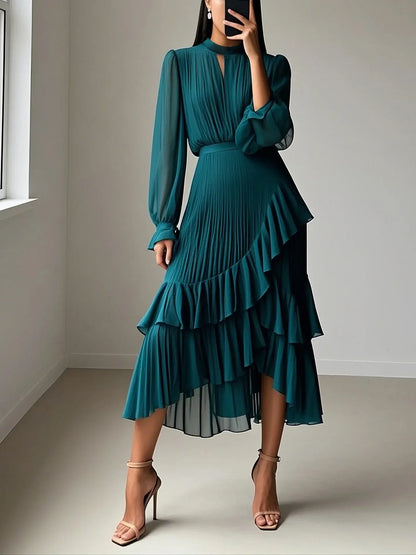 Elegant Ruffle Long Sleeve Dress for Women Chic Spring Summer Layered A Line Dress Lady Pleated Verstidos Prom Party Gowns