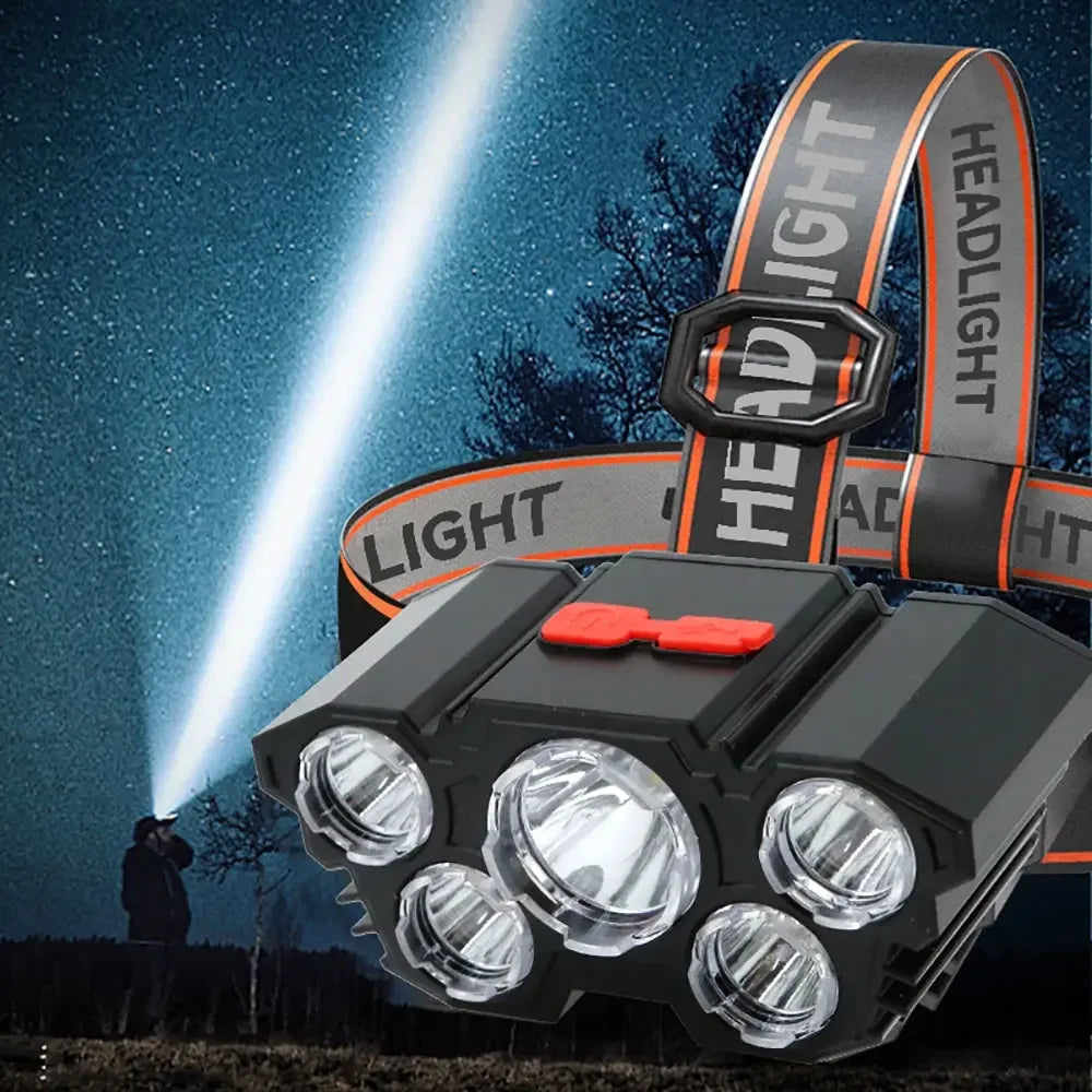 5 LED Flashlight Rechargeable with Built in Lithium Battery Strong Head Light Camping Adventure Fishing Cycling Headlamp