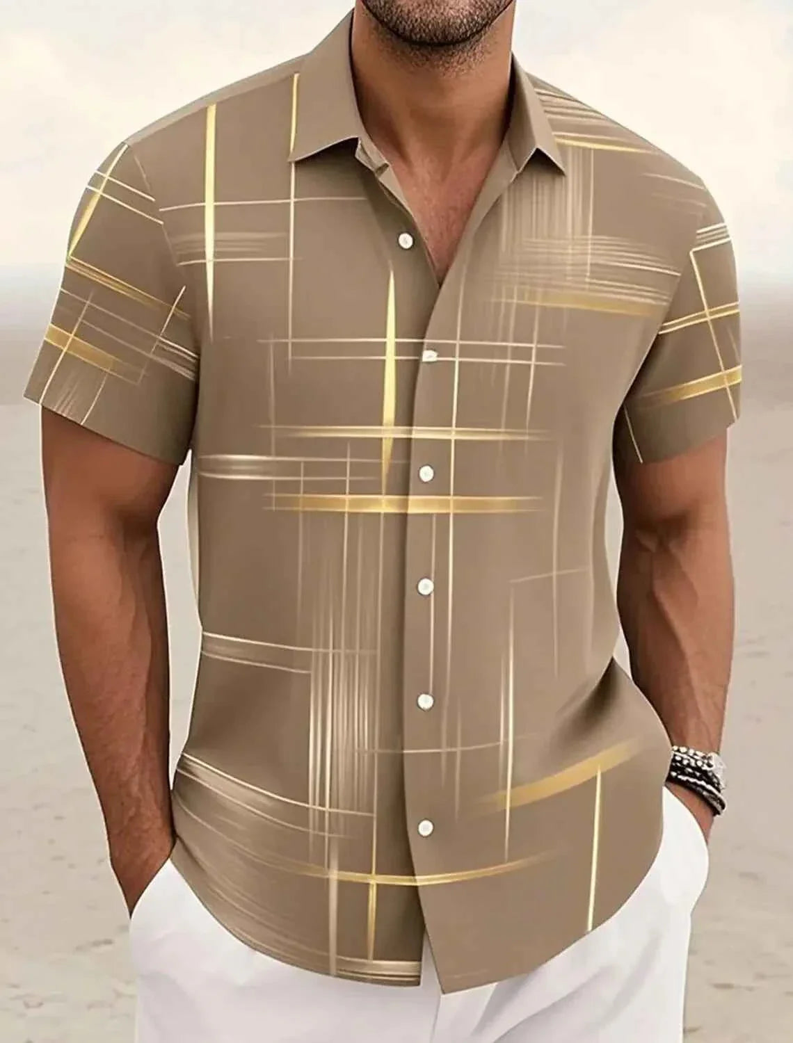 Summer Men's Geometric Grid  Plaid Shirts Short Sleeve Turndown Hawaiian Shirt Button Up Shirts No Pockets Shirts