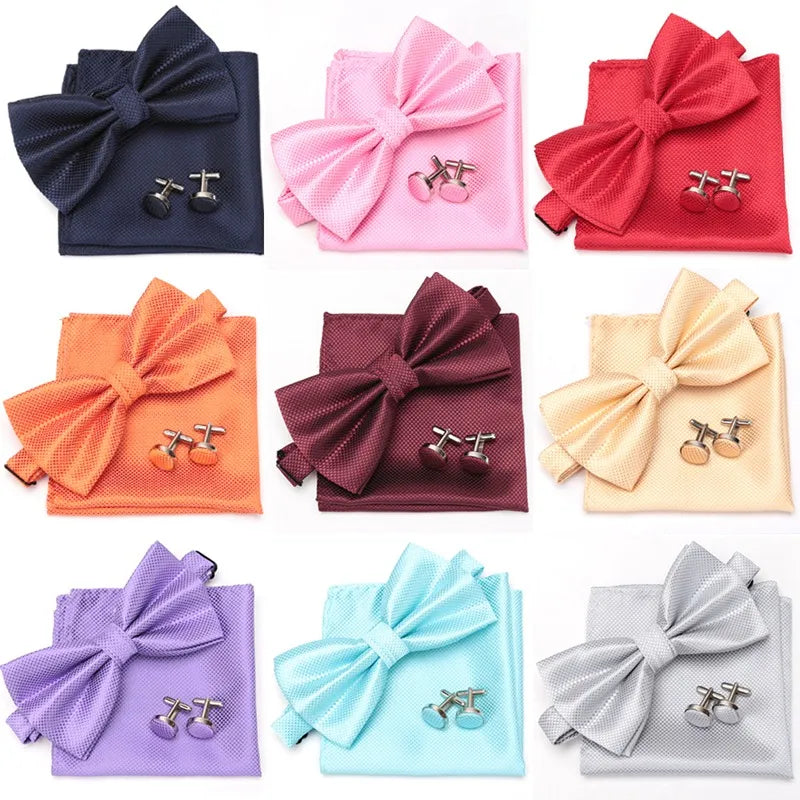 Multicolor Bowtie Pocket Square Cufflinks Sets Classic Solid Color  Bowtie Wedding Party Formal Gift Plaids Adjust Neck Bow Tie