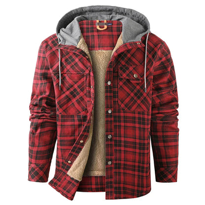 Winter Men Plaid Fleece Shirts Coats Mens Hooded Casual Shirts Man Sport Outdoor Loose Shirt Jacket Men Button Down Hoodie Shirt