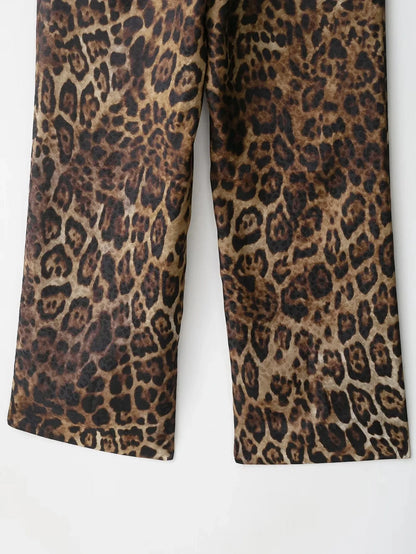 KONDALA Vintage Leopard Print Women Suits V Neck Sashes Long Sleeve Oversized Blazer+Wide Leg Pants Fashion 2025 Autumn Suits