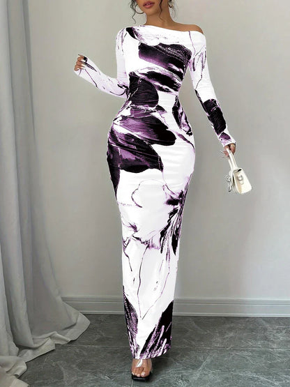 Spring and summer new women's off shoulder slim fit sexy dress, stylish and elegant printed tight fitting long skirt