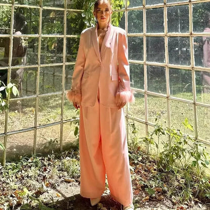 HXAO Woman Suits Blazer And Pants Feathe Long Sleeve Formal Pants Sets 2 Piece Set Office Casual Pink Suit Blazer Sets Two-Piece