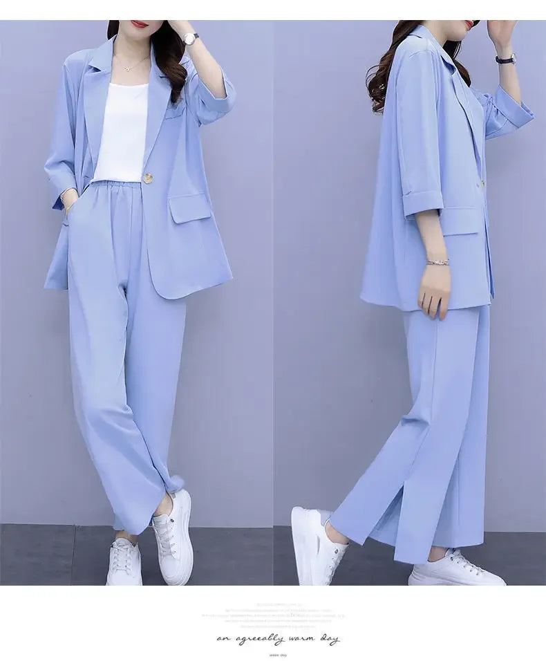 2026 Women Spring New Casual Blazers Jacket Trousers Matching Set Korean Elegant Loose Suit Coat Pants Two Piece Female Clothing