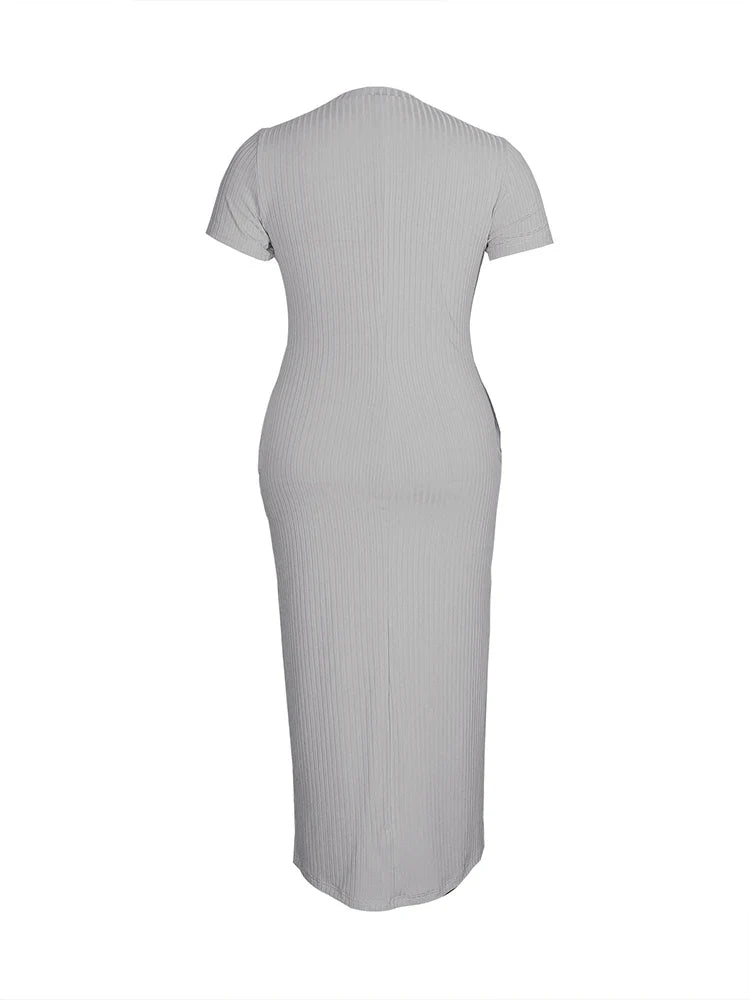 Plus Size 2024 Summer New Round Neck Short Sleeve Slim Hottie  Ladies' Stylish Summer Solid Versatile Bodycon Dress