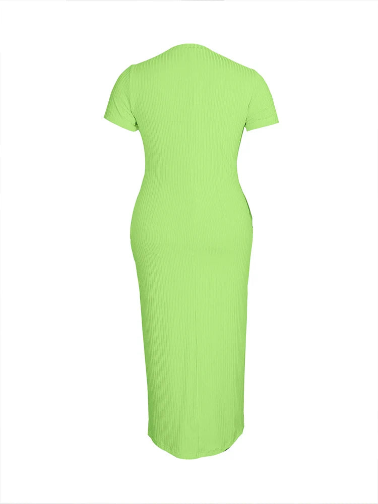 Plus Size 2024 Summer New Round Neck Short Sleeve Slim Hottie  Ladies' Stylish Summer Solid Versatile Bodycon Dress
