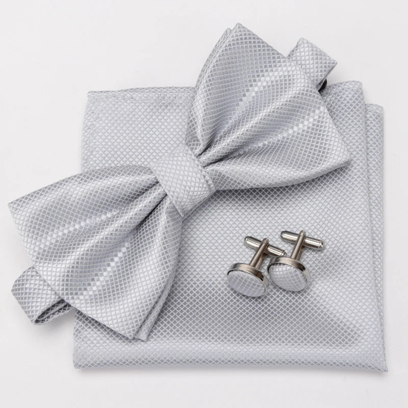Multicolor Bowtie Pocket Square Cufflinks Sets Classic Solid Color  Bowtie Wedding Party Formal Gift Plaids Adjust Neck Bow Tie