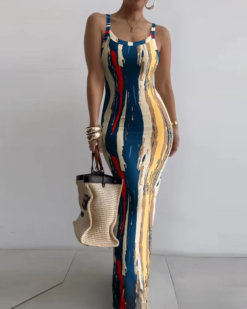 CM.YAYA Summer Women Sleeveless Strap O-neck Sexy 2024 Summer Long Evening Dress Knit Ribbon Night Club Party Maxi Dresses