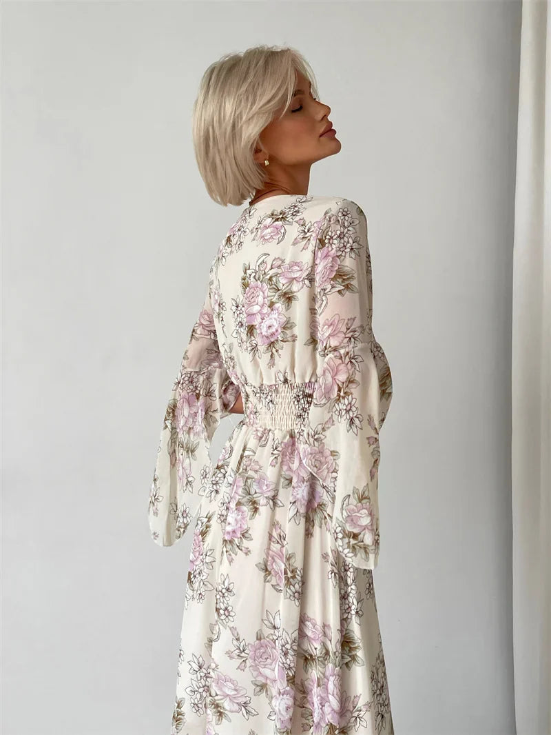 Elegant Bodycon Chiffon Maxi Dress Women Bandage Sexy Side Slit Beach Dress White Pink Floral Summer Long Dresses For Women 2024