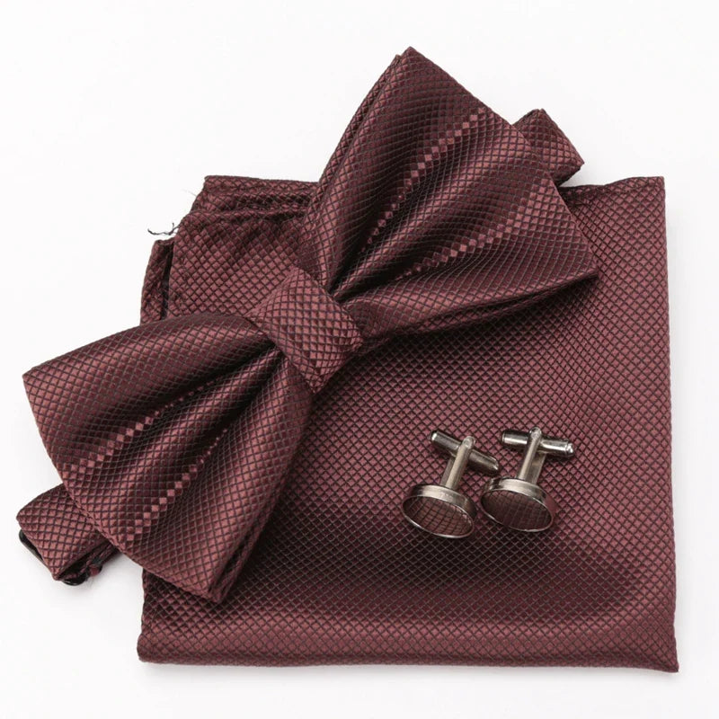 Multicolor Bowtie Pocket Square Cufflinks Sets Classic Solid Color  Bowtie Wedding Party Formal Gift Plaids Adjust Neck Bow Tie