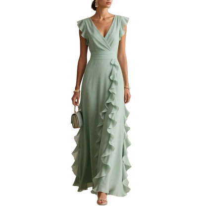 2026 Summer Fashion Ruffles Gowns Party Dress Women Sexy V-neck Solid Color A-Line Dress Elegant Hight Waist Slim Fit Long Dress