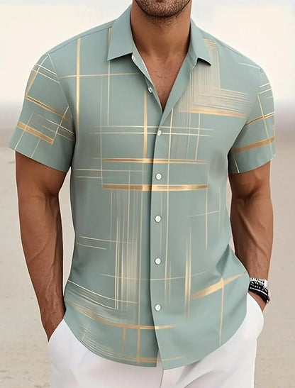 Summer Men's Geometric Grid  Plaid Shirts Short Sleeve Turndown Hawaiian Shirt Button Up Shirts No Pockets Shirts