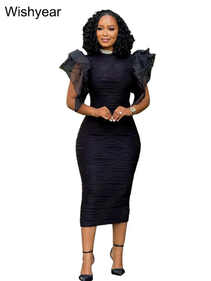 New Women’s Slim Fit Bodycon Dress | O Neck, Ruffle Sleeves, and Package Hips | Office Fashion, Evening & Party Gown