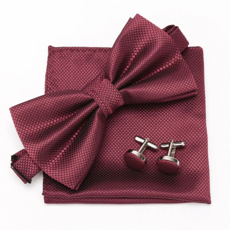 Multicolor Bowtie Pocket Square Cufflinks Sets Classic Solid Color  Bowtie Wedding Party Formal Gift Plaids Adjust Neck Bow Tie
