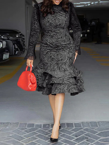 Long Sleeve Midi Dress Woman Ruffled Around Sexy Tight Dress with Lace Sleeves Elegant Party Girl Dress Dropshipping Wholesale