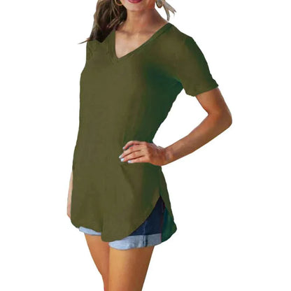 Summer solid color blouse V-neck short sleeve loose T-shirt hem arc women clothes