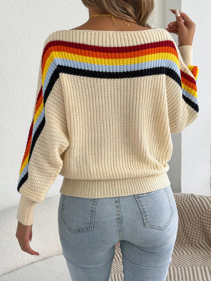 2025 Fashion Contrast Color Striped Sweaters Women Autumn Winter Casual Round Neck Lantern Long Sleeve Knitted Pullover