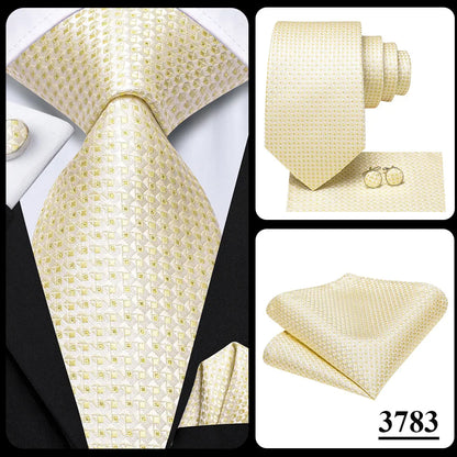 Hi-Tie Champagne Gold-color Silk Mens Elegant Ties Fashion Mens Necktie Pocket Square Cufflinks Set Business Party Wedding
