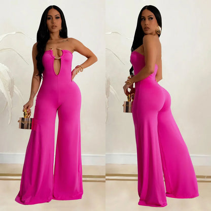 Summer Sexy Backless Women's Jumpsuit Fashionable Slim Fit Elegant Package hip Wide Leg Long Pants Female Party Jumpsuit 2025