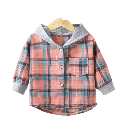 Children's Hooded Shirts Kids Clothes Baby Boys Plaid Shirts Coat for Spring Autumn Girls Long-Sleeve Jacket Bottoming Clothing