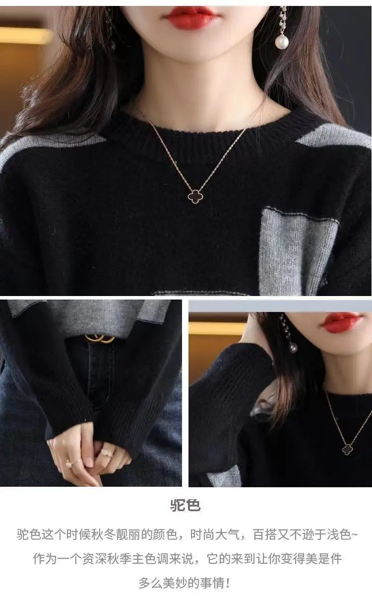 Autumn Winter Contrast Color Pullover Sweater Lady Loose Casual Fashion All-match Knitting Jumpers Ladies Oversized Bottomed Top