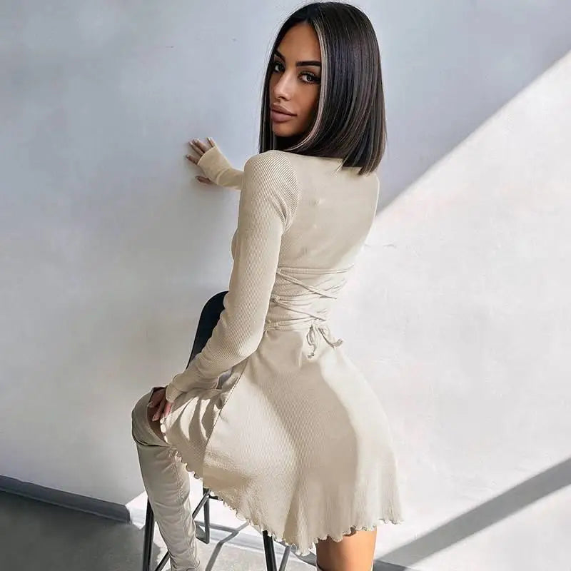 Spring Elegant Pretty Women Dresses New Black Sexy Short Dress Female V Neck Long Sleeve Slim Solid Color Mini Dress